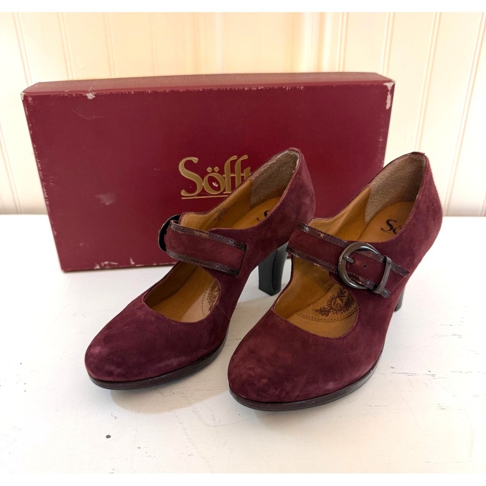 Sofft Retro 50s 60s Mod Twee Academia Suede Leather Mary Jane Heels Burgundy 7